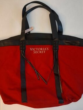 Victoria's Secret Red and Black Canvas Tote with Studded Trim